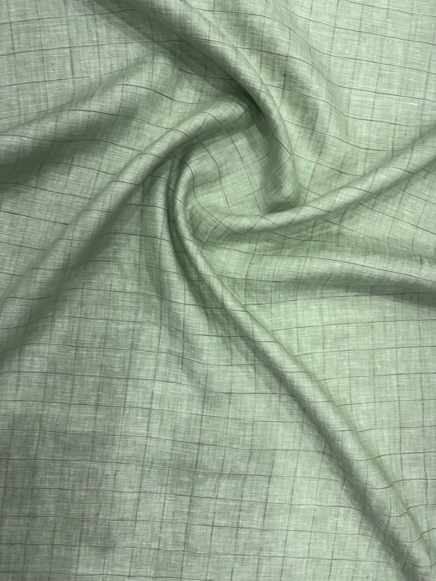 100% Linen Fabric – Pastel Green with Subtle Checks