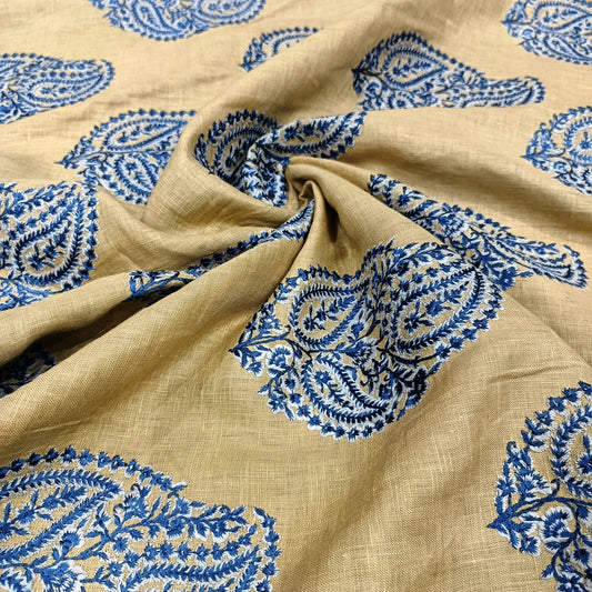 Beige Linen Embroidery Fabric with Royal Blue Paisley Buta Design | Premium Designer Dress Material