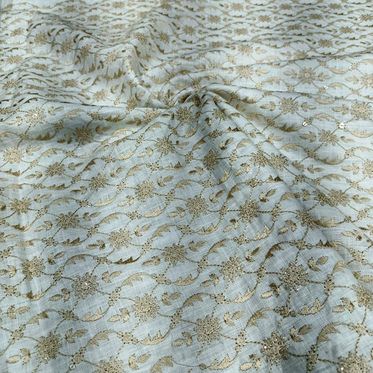 Ivory White Linen Embroidery Fabric with Champagne Gold Floral Vine Design | Premium Designer Dress Material