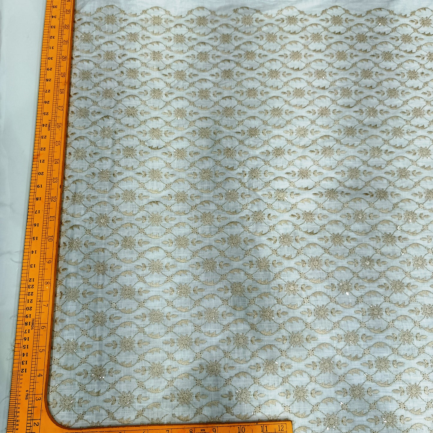 Ivory White Linen Embroidery Fabric with Champagne Gold Floral Vine Design | Premium Designer Dress Material