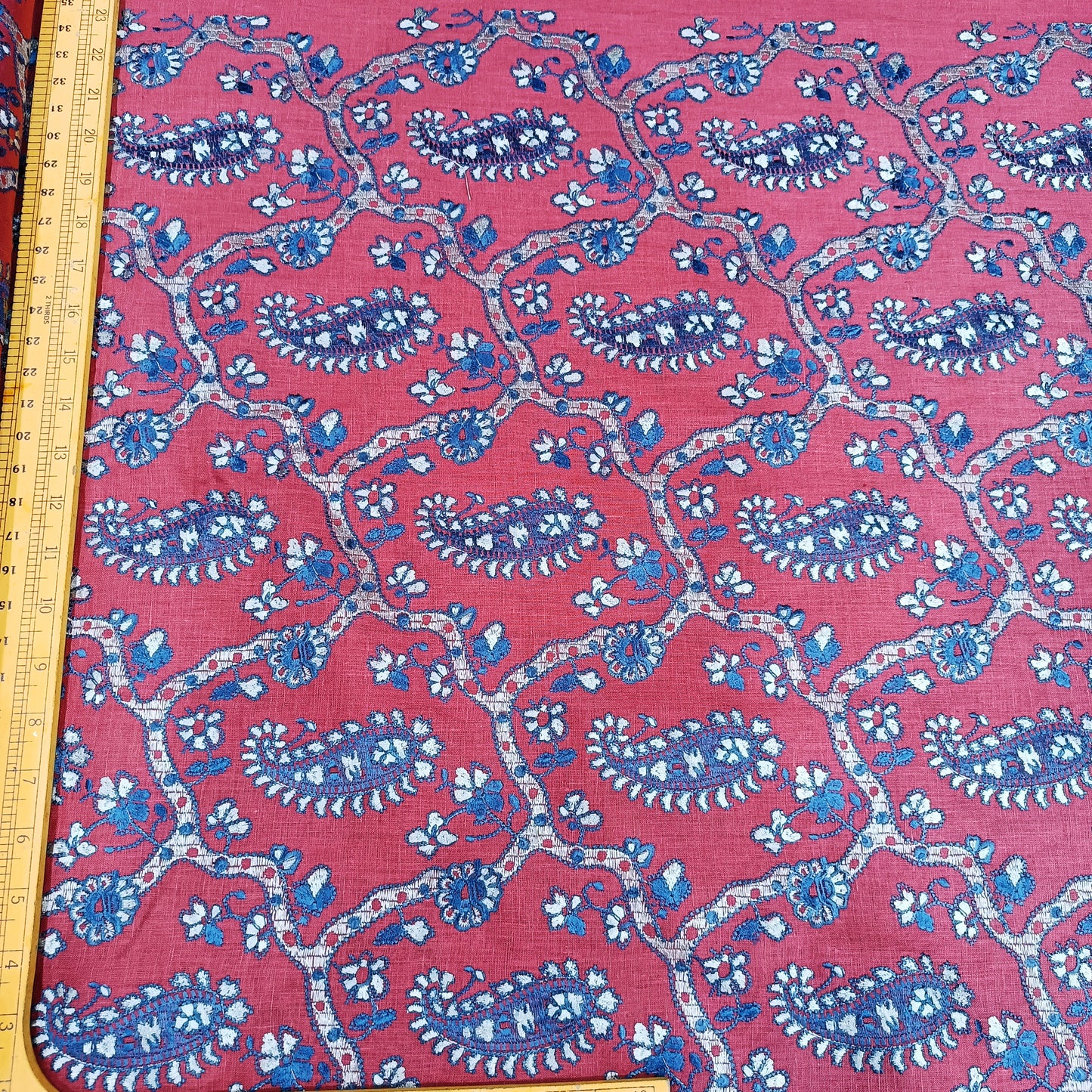 Coral Red Linen Embroidery Fabric with Royal Blue Paisley Floral Design | Designer Kurta & Dress Material