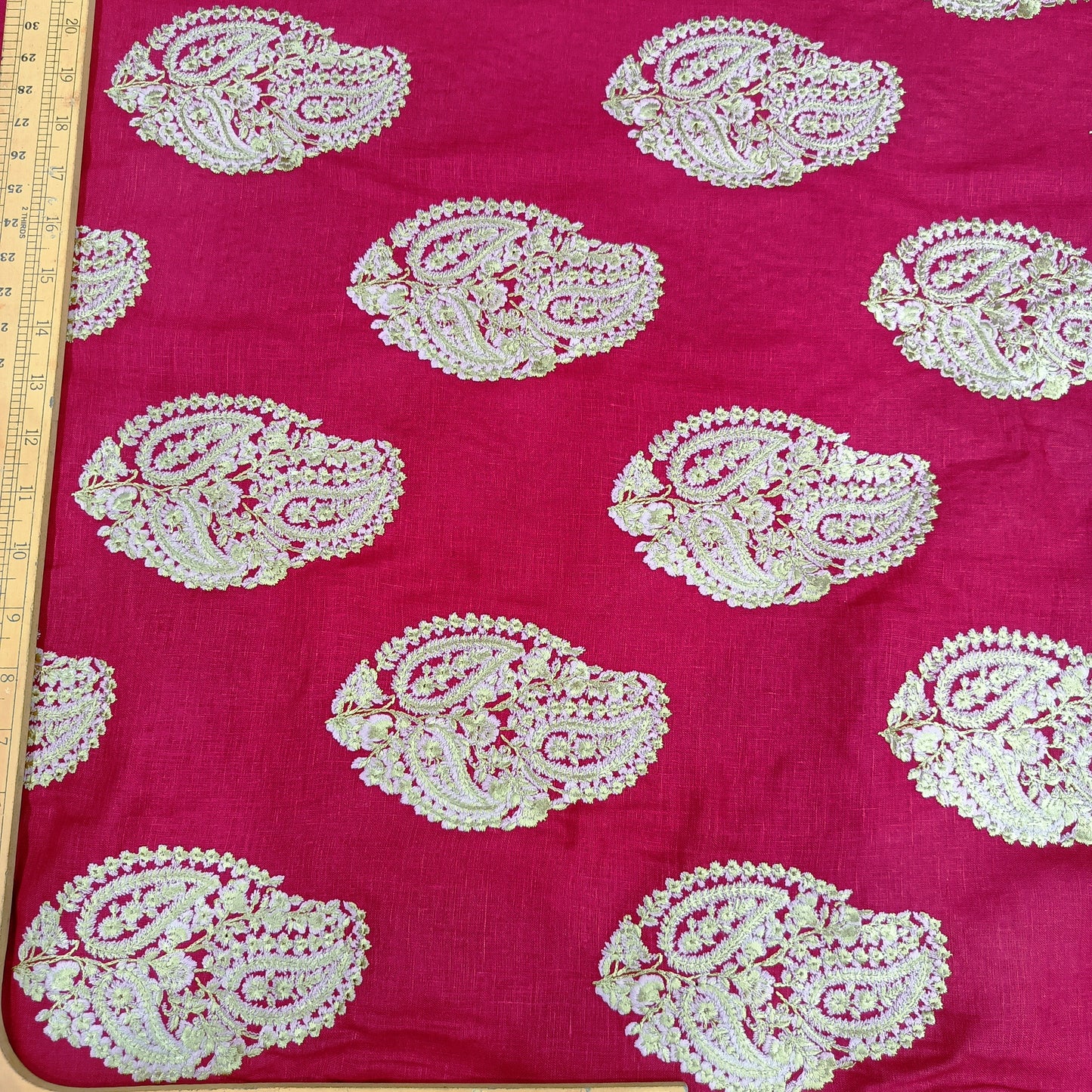 Rani Pink Linen Embroidery Fabric with Ivory Paisley Buta Design | Designer Kurta & Dress Material