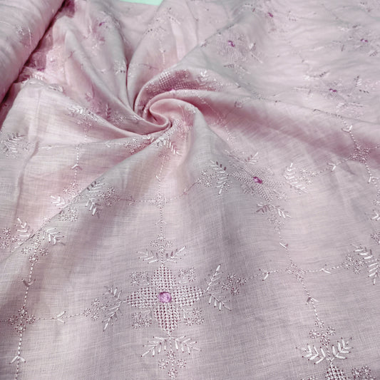 Baby Pink Chikankari Embroidered Linen Fabric | Floral Grid Embroidery Dress Material