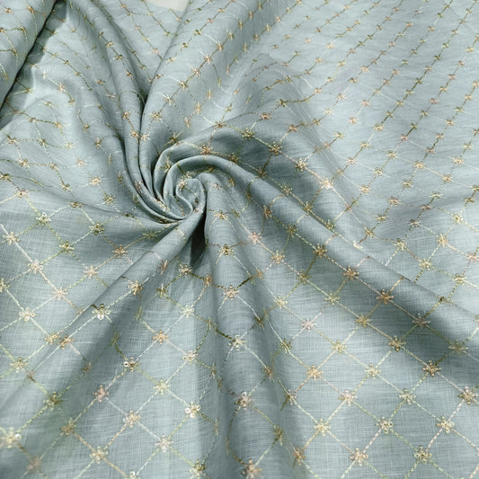 Ice Blue Sequin Embroidered Linen Fabric | Diamond Lattice Designer Dress Material