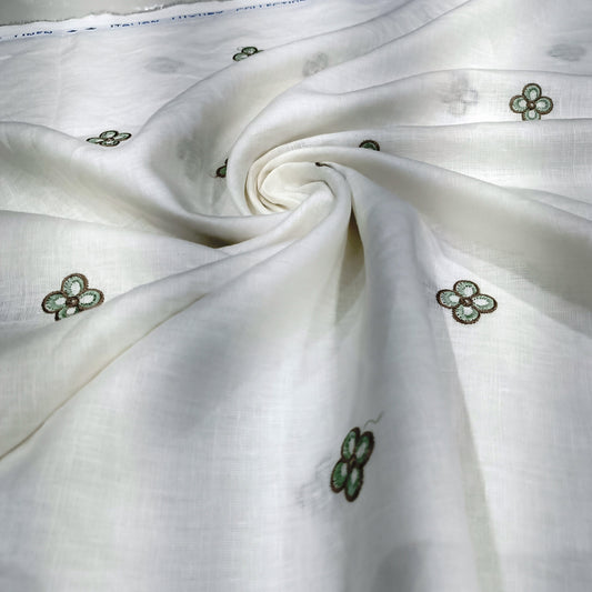 White Linen Fabric with Mint Green Floral Embroidery | Premium Designer Embroidered Dress Material