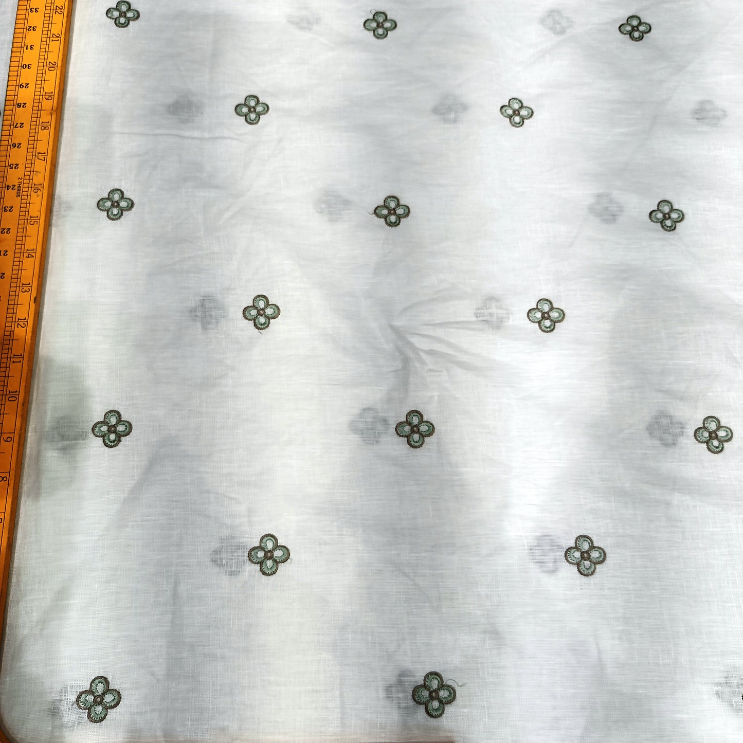 White Linen Fabric with Mint Green Floral Embroidery | Premium Designer Embroidered Dress Material