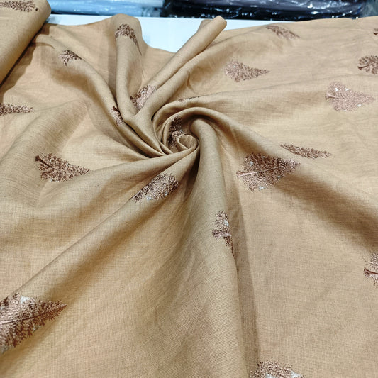 Beige Linen Fabric with Leaf Embroidery | Premium Designer Embroidered Dress Material