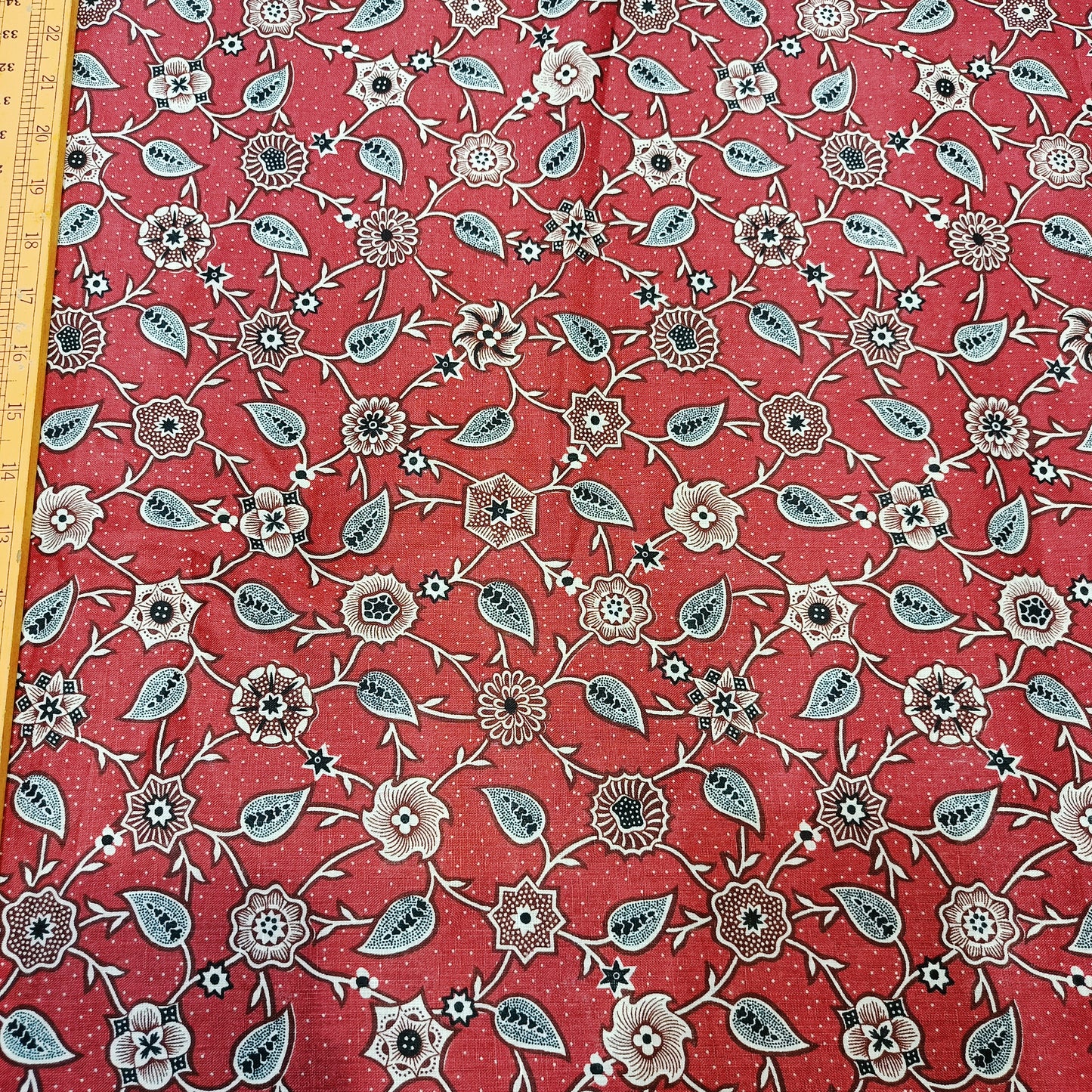 Crimson Rose Vintage Floral Linen Print Fabric