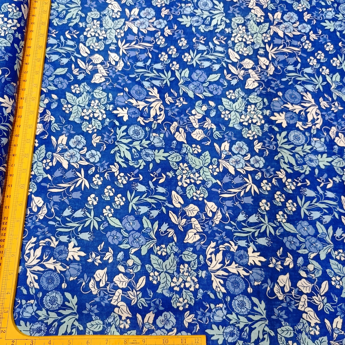 Royal Blue Vintage Floral Linen Print Fabric