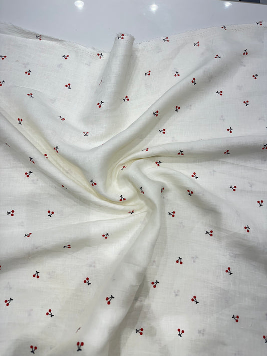 100% लिनन प्रिंटेड फ़ैब्रिक - लाल चेरी प्रिंट के साथ सफ़ेद