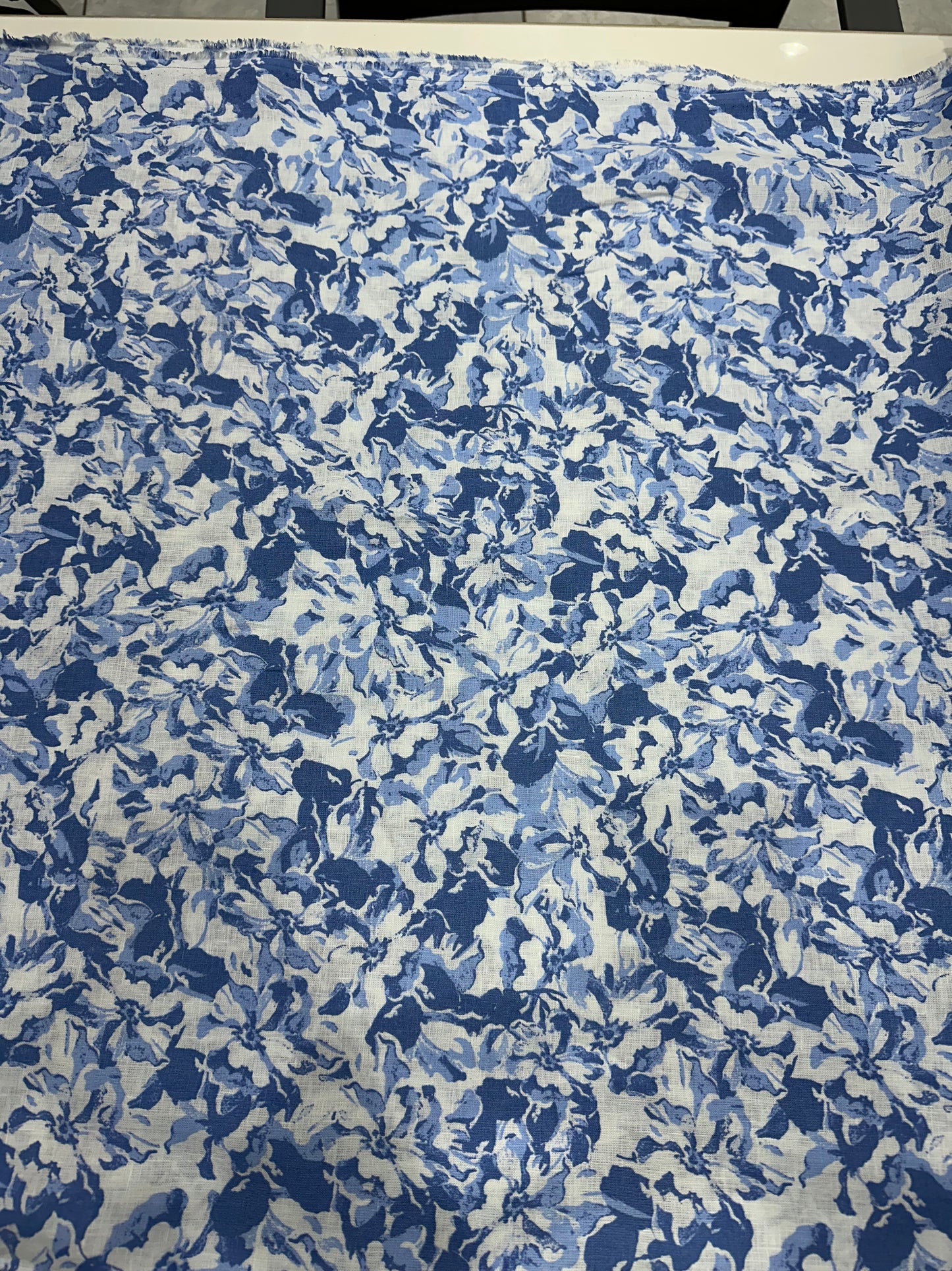 100% Linen Printed Fabric – Blue Floral on White Base