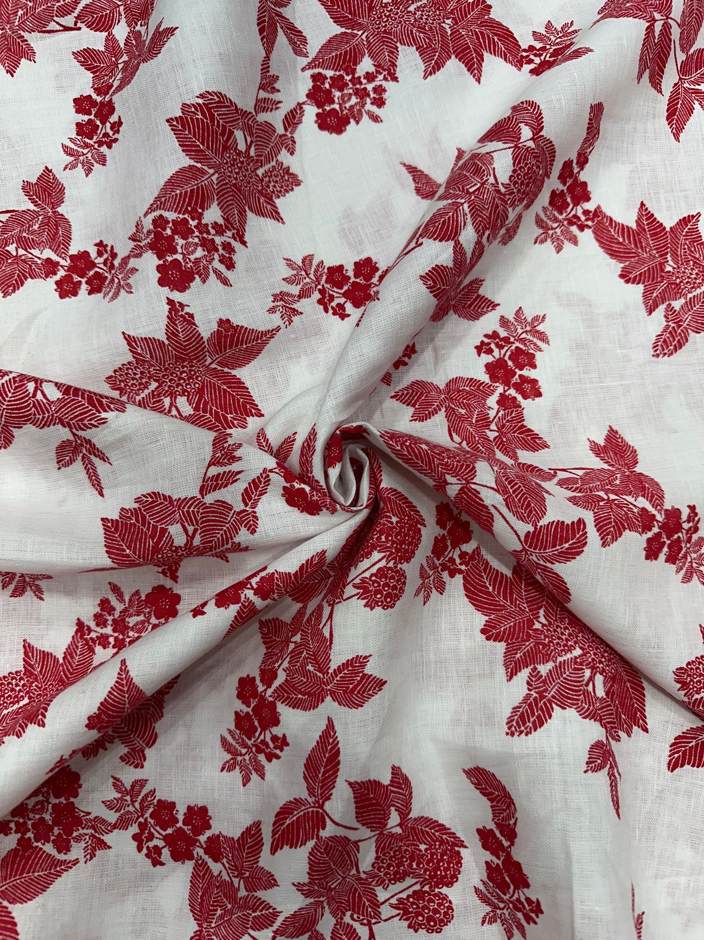 100% Linen Printed Fabric – White with Red Floral Design