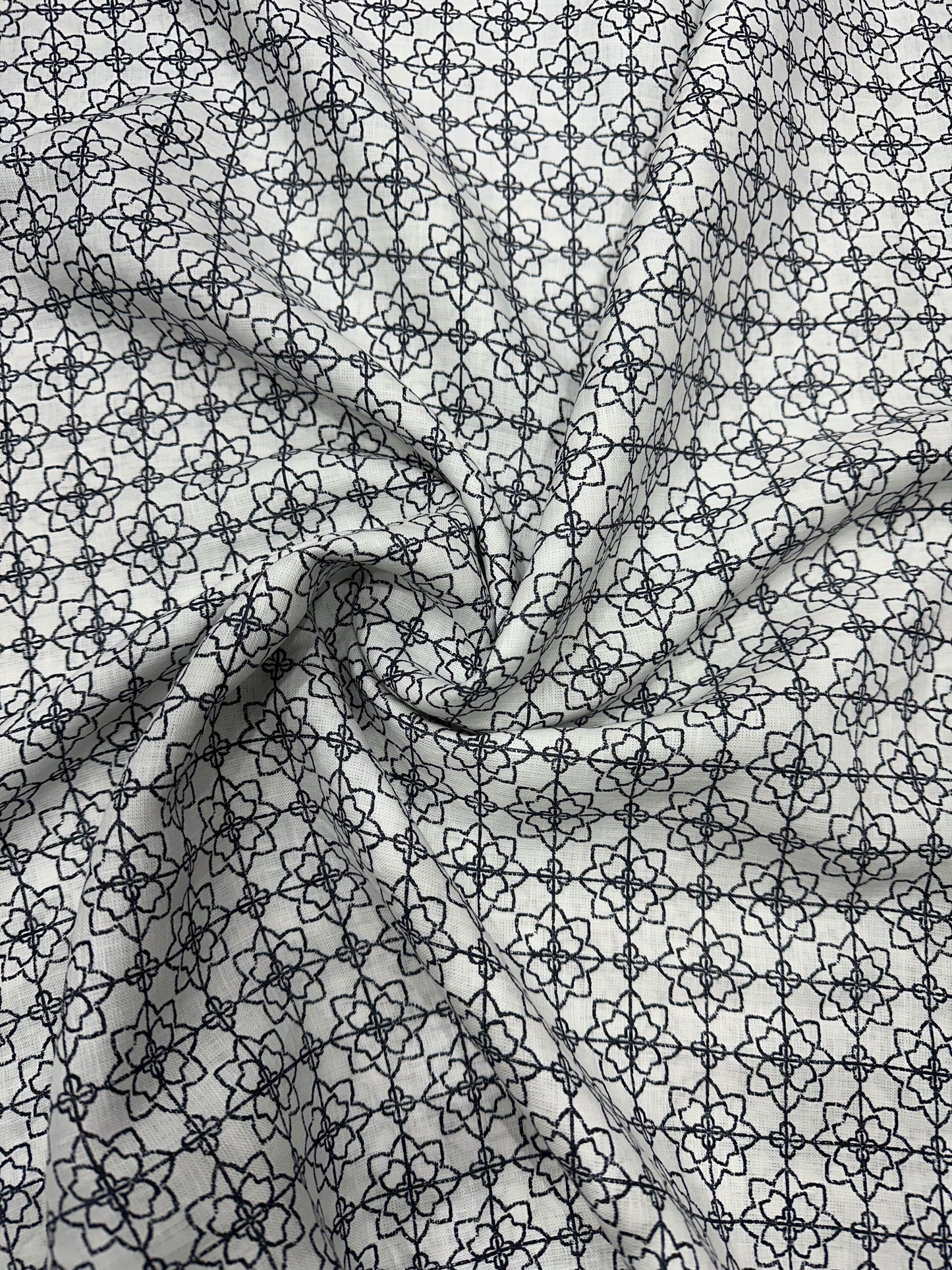 100% Linen Printed Fabric – Black Geometric Floral on White Base