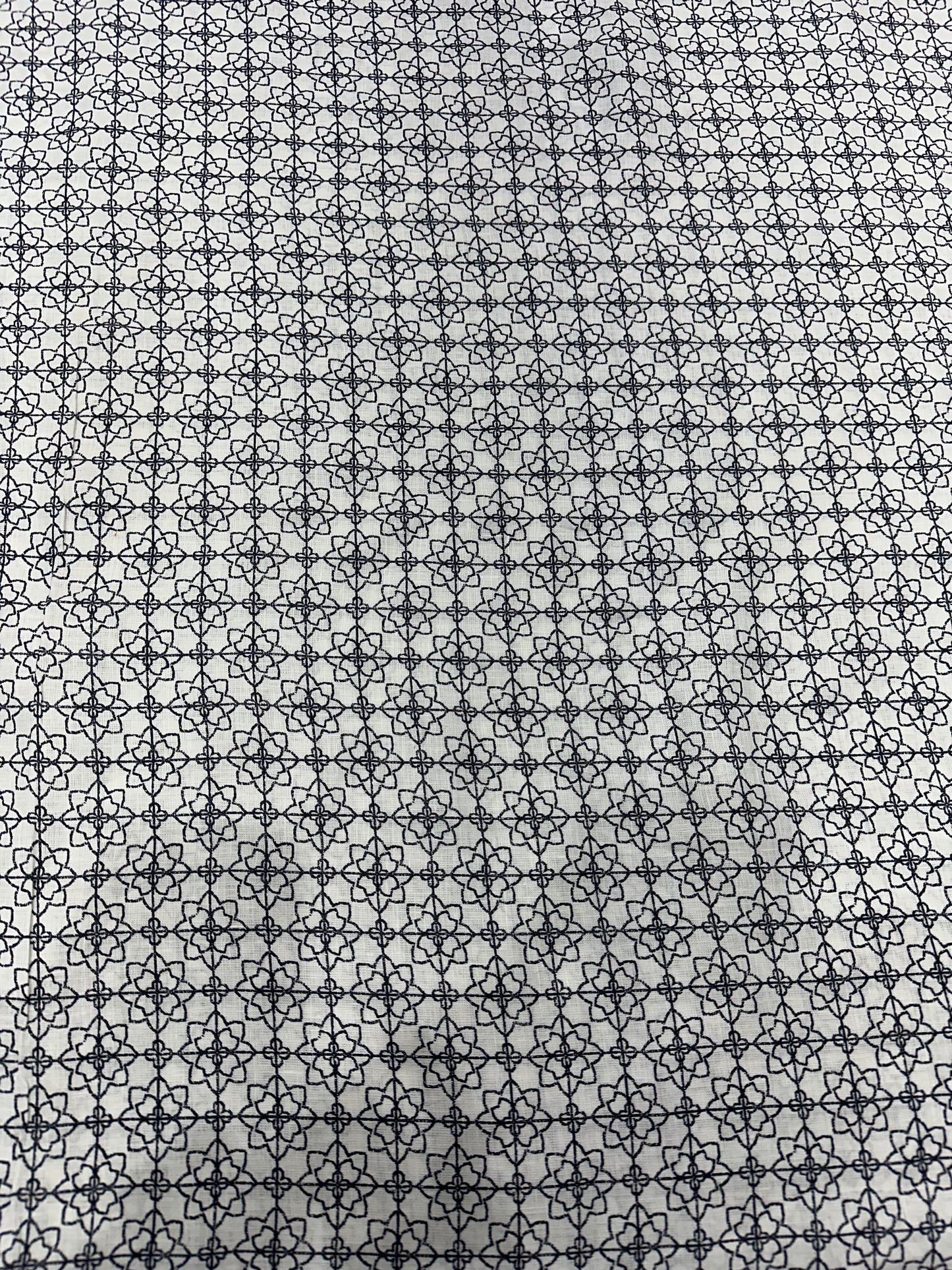 100% Linen Printed Fabric – Black Geometric Floral on White Base