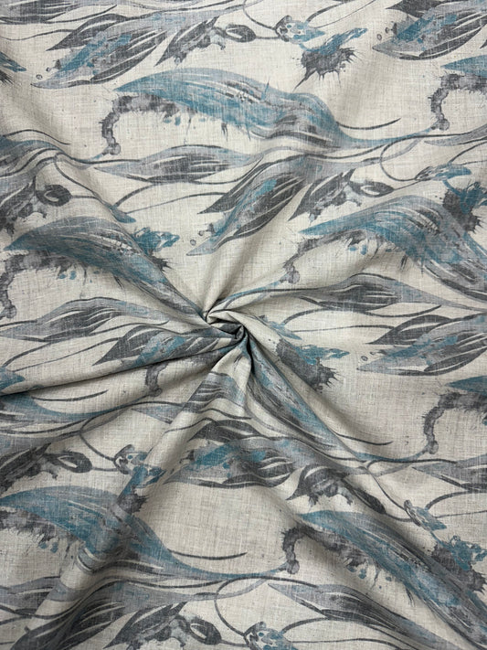 Linen Blend Digital Print Fabric – Blue & Grey Floral Abstract