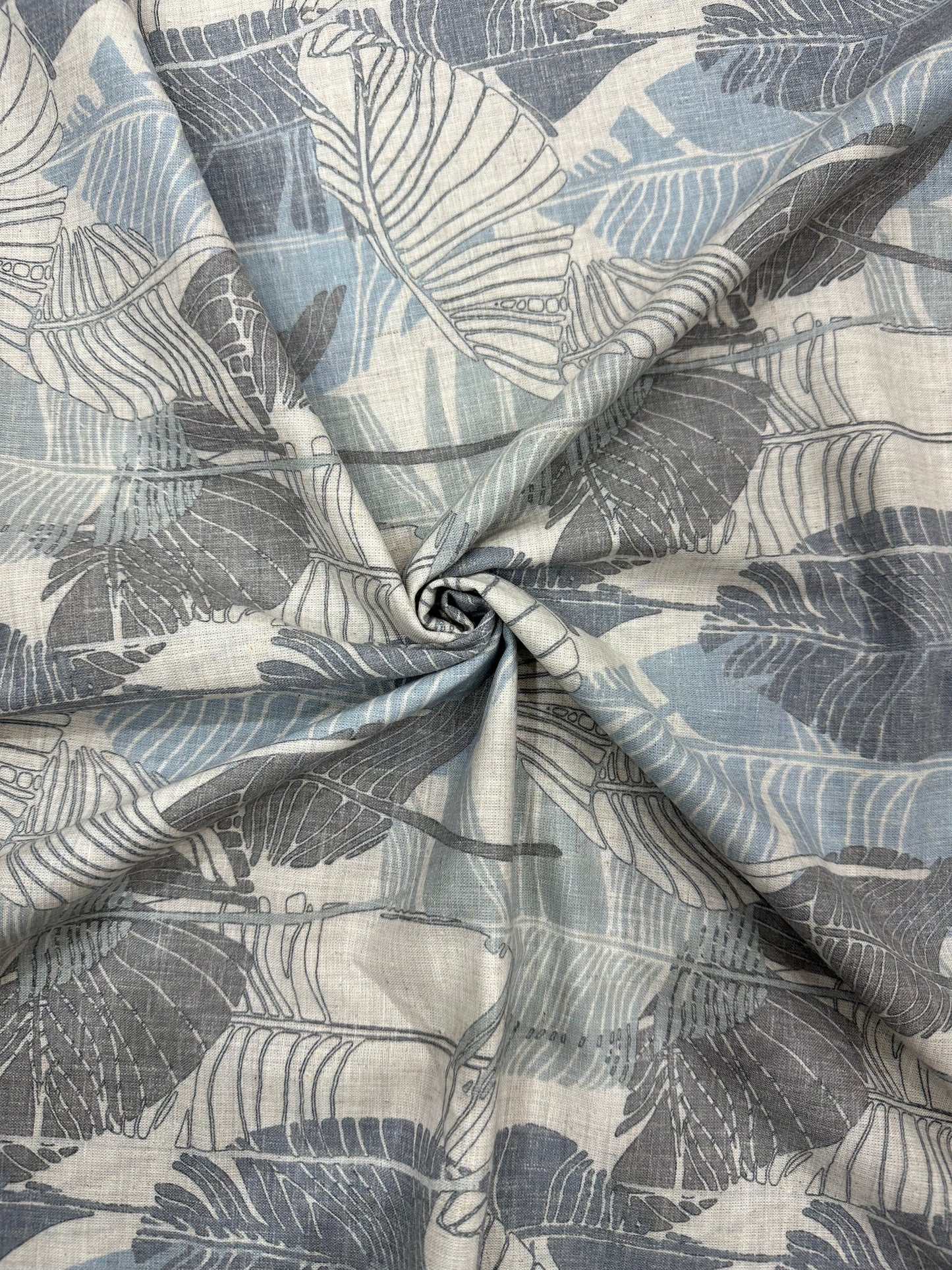 Linen Blend Digital Print Fabric – Blue & Grey Leaf Pattern