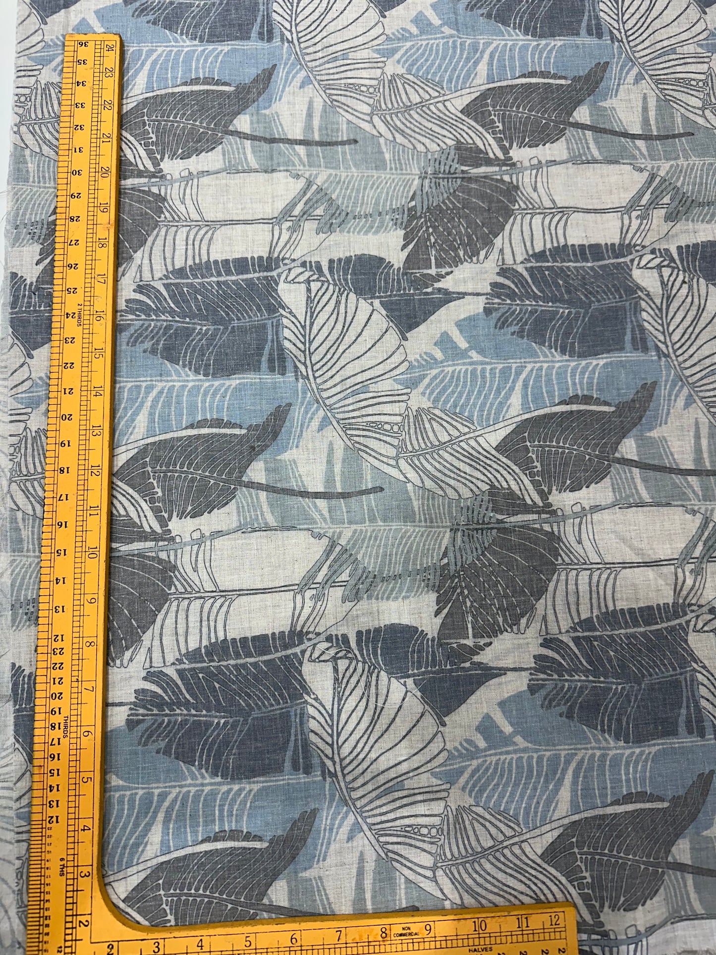 Linen Blend Digital Print Fabric – Blue & Grey Leaf Pattern
