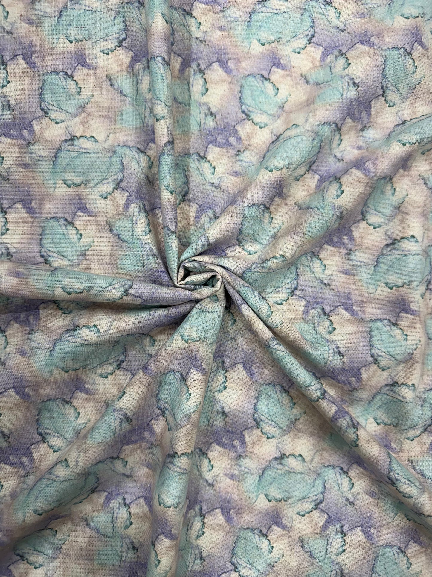 Linen Blend Digital Print Fabric – Aqua Blue & Lavender Abstract Floral