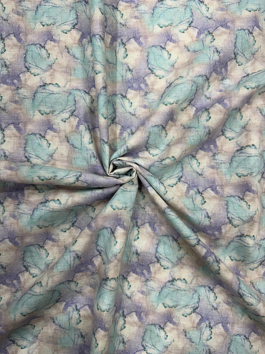 Linen Blend Digital Print Fabric – Aqua Blue & Lavender Abstract Floral