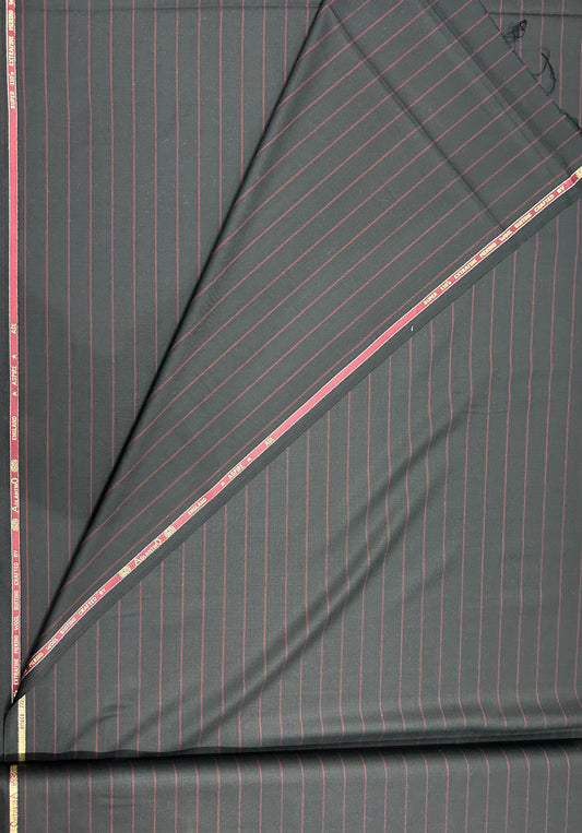 Italian Wool Suiting Fabric – Dark Grey with Red Pinstripes