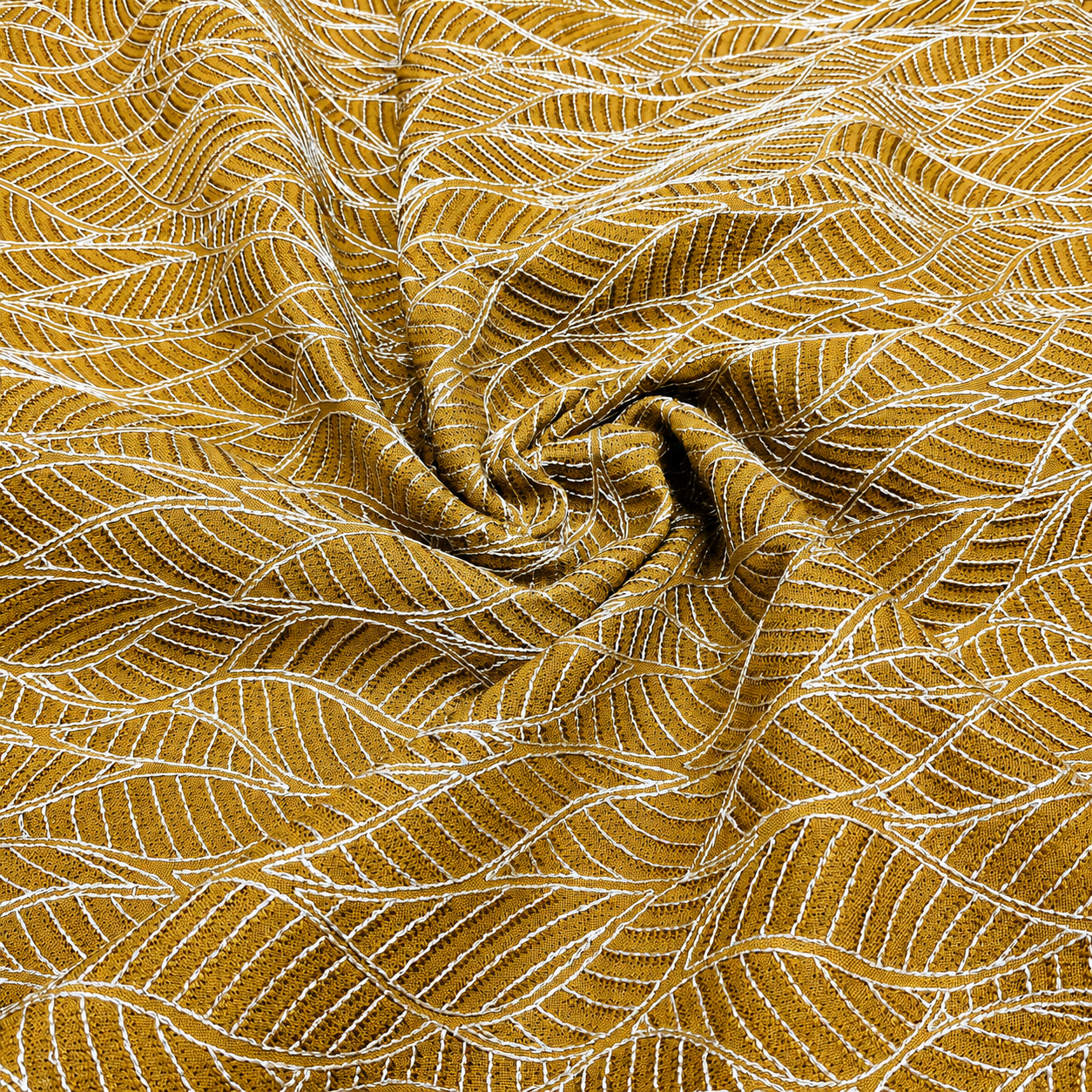 Beige Gold Linen Embroidery Fabric with White Leaf Design | Premium Designer Dress Material