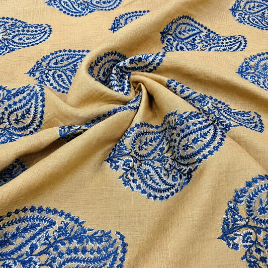 Beige Linen Embroidery Fabric with Royal Blue Paisley Buta Design | Premium Designer Dress Material