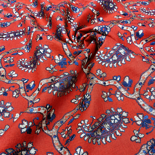 Coral Red Linen Embroidery Fabric with Royal Blue Paisley Floral Design | Designer Kurta & Dress Material