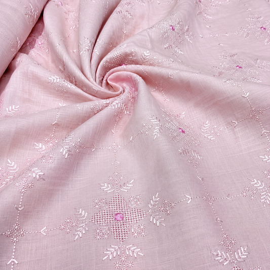 Baby Pink Chikankari Embroidered Linen Fabric | Floral Grid Embroidery Dress Material