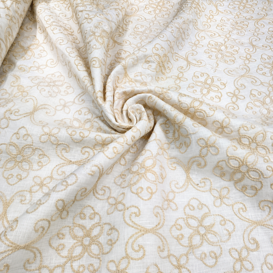 Ivory White Floral Embroidered Linen Fabric | Premium Designer Thread Work Dress Material