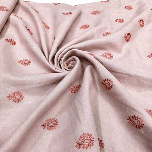 Dusty Blush Linen Fabric with Rose Pink Embroidered Buti | Premium Designer Embroidered Dress Material
