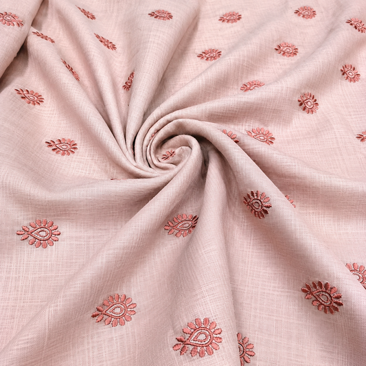 Dusty Blush Linen Fabric with Rose Pink Embroidered Buti | Premium Designer Embroidered Dress Material