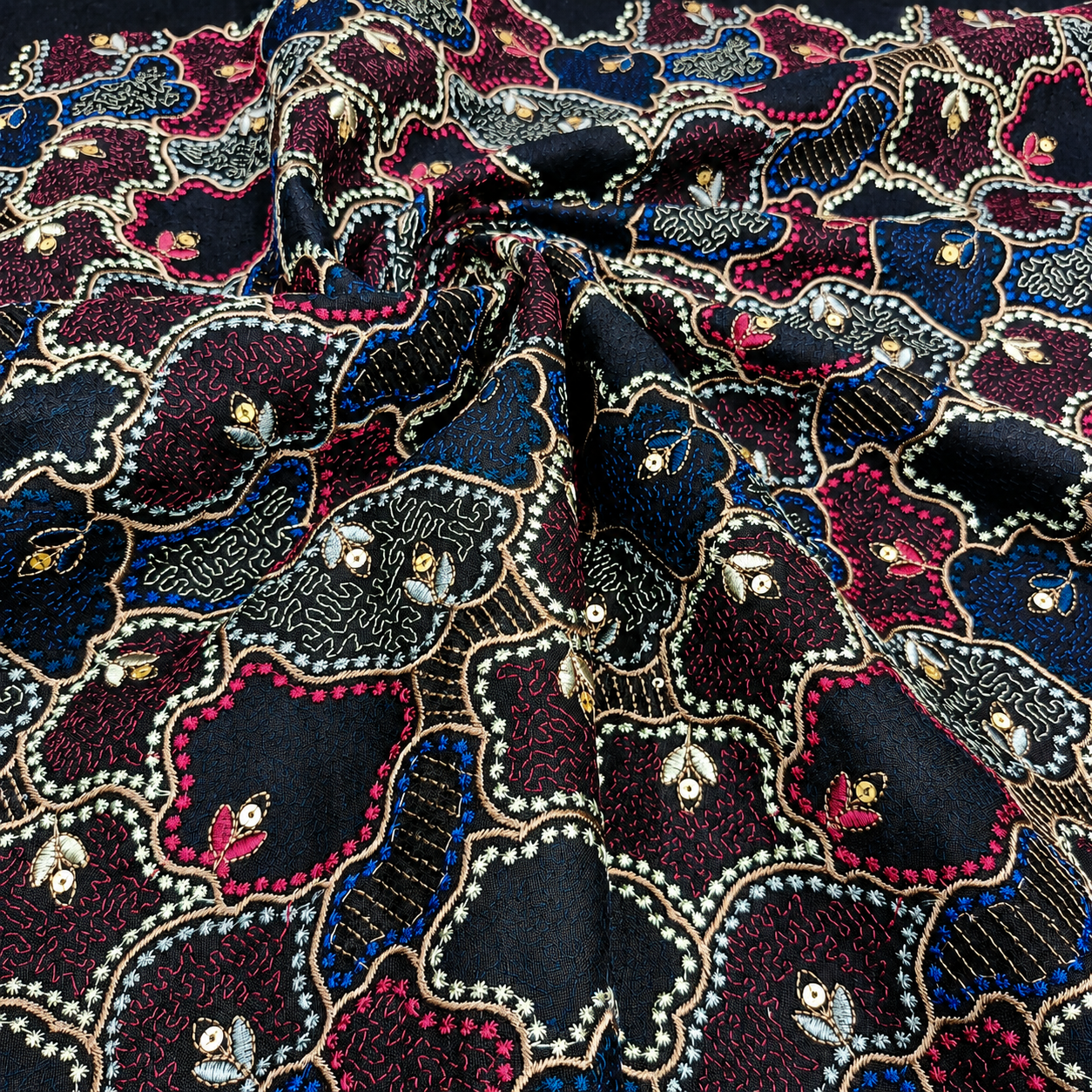 Charcoal Black Linen Embroidery Fabric with Royal Blue & Wine Abstract Floral Design | Premium Designer Dress Material