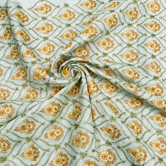 Powder Blue Linen Embroidery Fabric with Floral Buta & Sage Green Trellis Design | Designer Dress Material