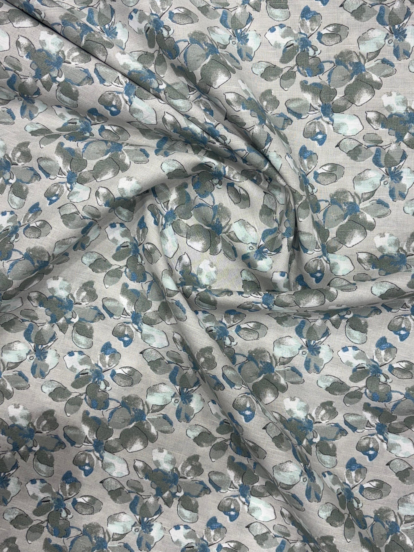 Cotton-Linen Printed Fabric – Grey with Blue & Green Floral Motifs