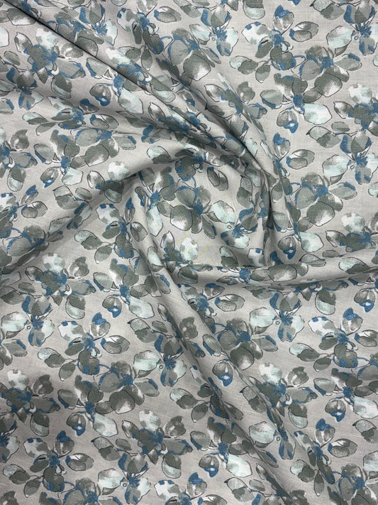 Cotton-Linen Printed Fabric – Grey with Blue & Green Floral Motifs