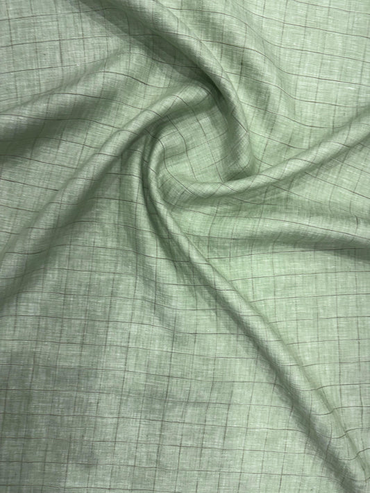 100% Linen Fabric – Pastel Green with Subtle Checks