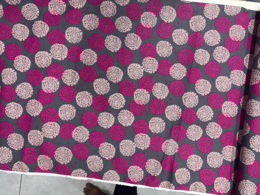 Linen 100% Printed Fabric – Grey with Magenta & Beige Dots