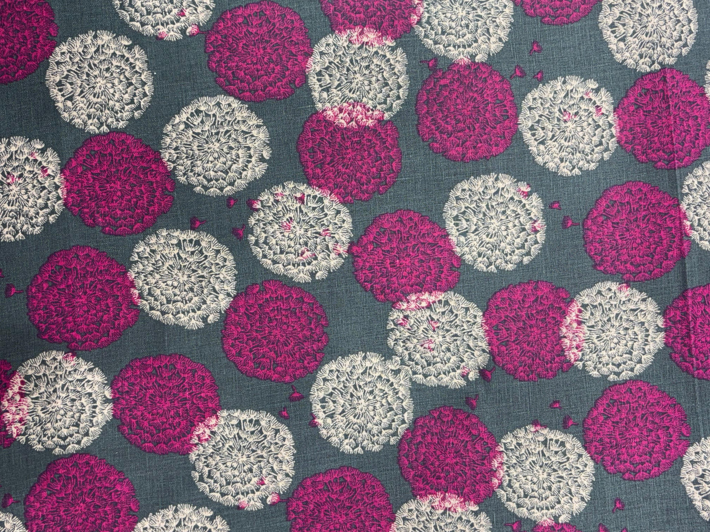 Linen 100% Printed Fabric – Grey with Magenta & Beige Dots
