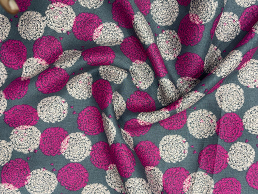 Linen 100% Printed Fabric – Grey with Magenta & Beige Dots