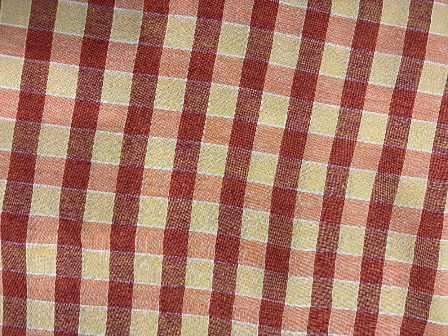 100% Linen Check Fabric – Red, Yellow & Orange Multicolor