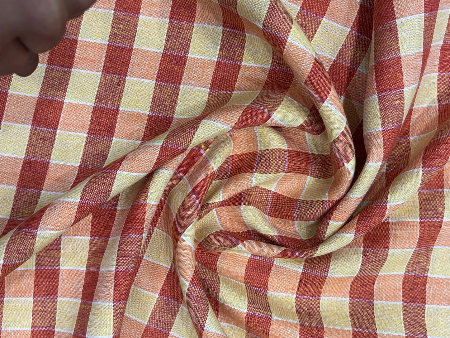 100% Linen Check Fabric – Red, Yellow & Orange Multicolor