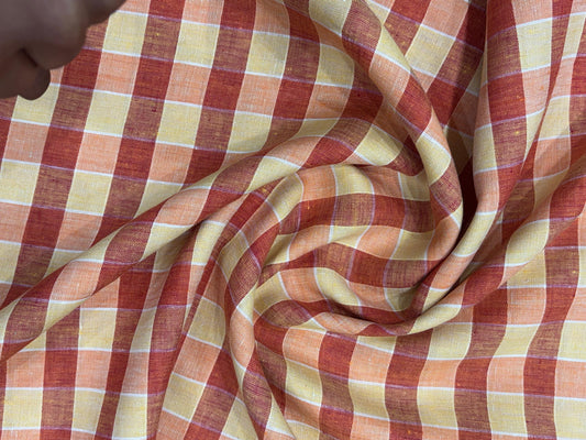 100% Linen Check Fabric – Red, Yellow & Orange Multicolor