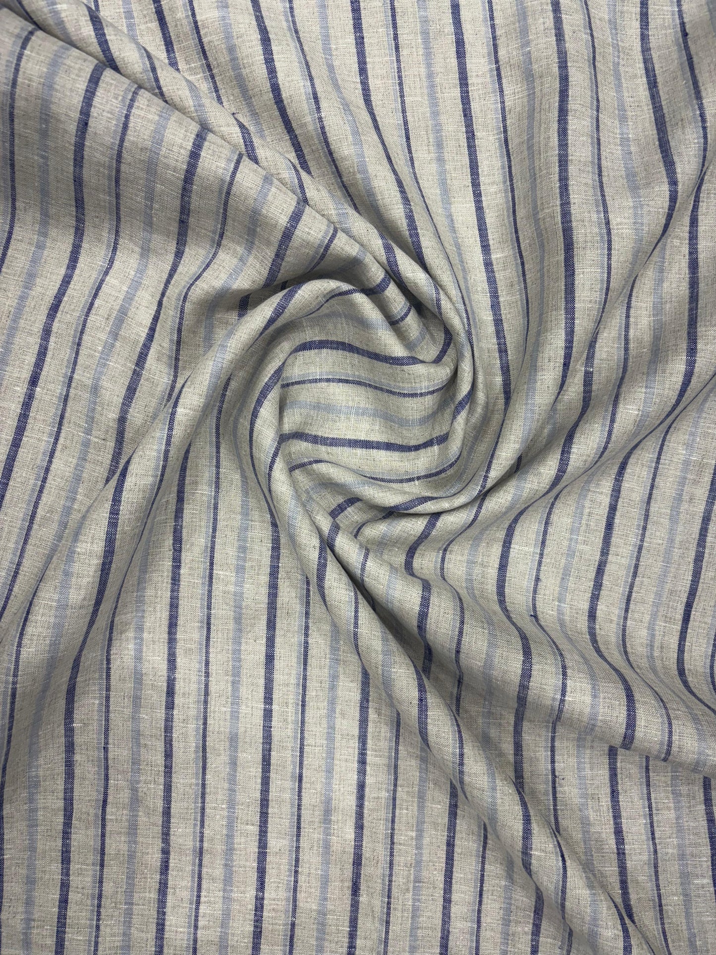 100% Linen Striped Fabric – Beige with Navy Stripes