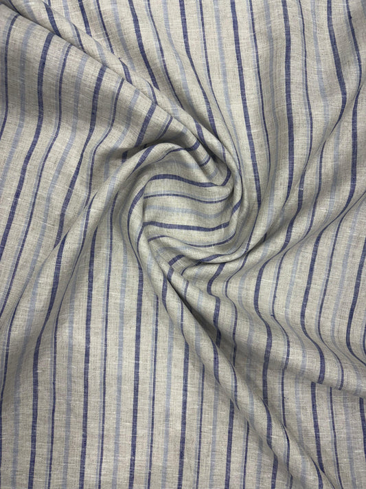 100% Linen Striped Fabric – Beige with Navy Stripes