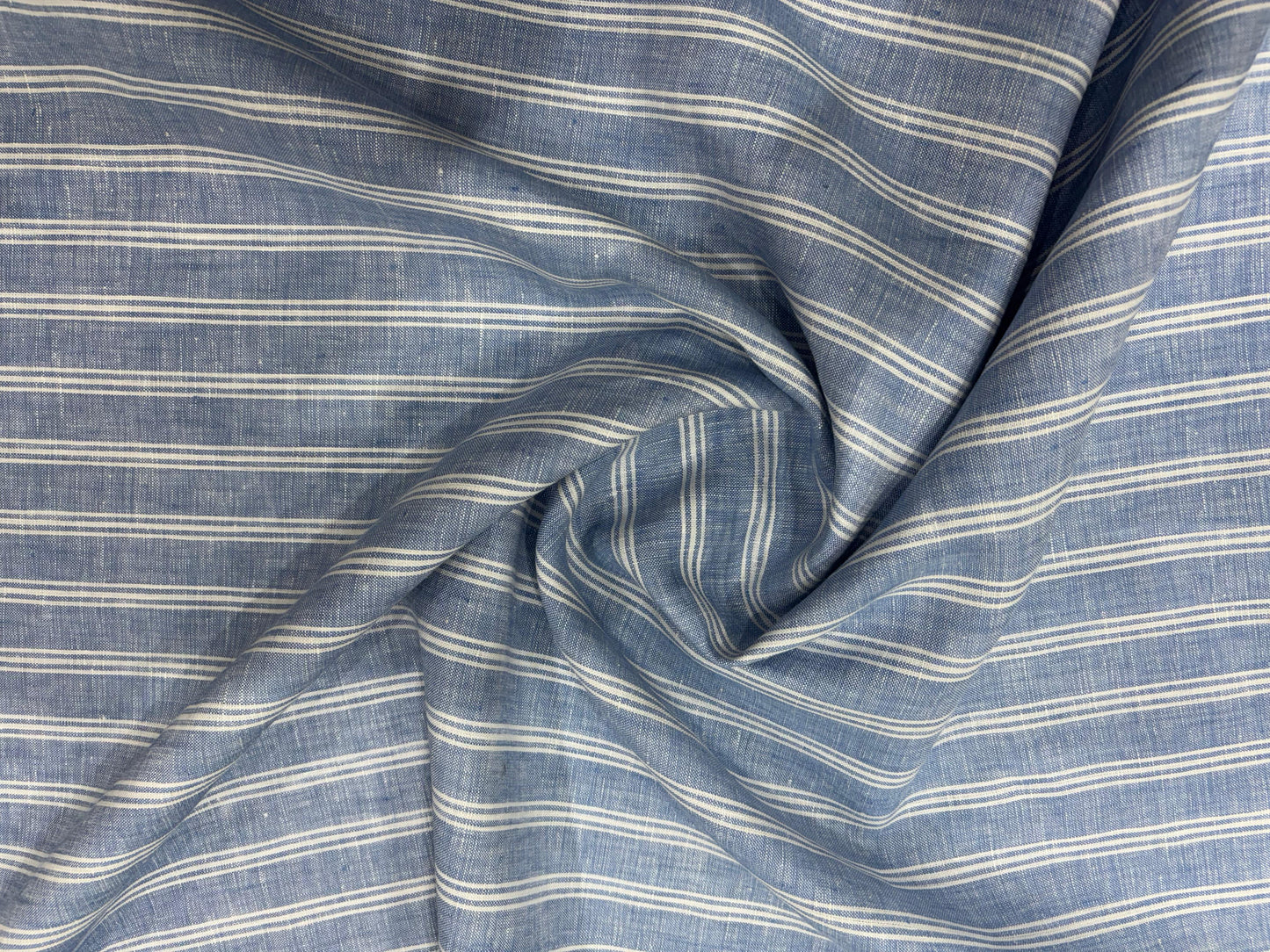 100% Linen Striped Fabric – Blue with White Stripes