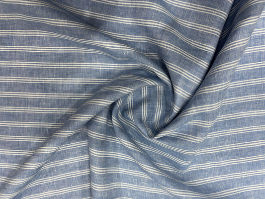 100% Linen Striped Fabric – Blue with White Stripes