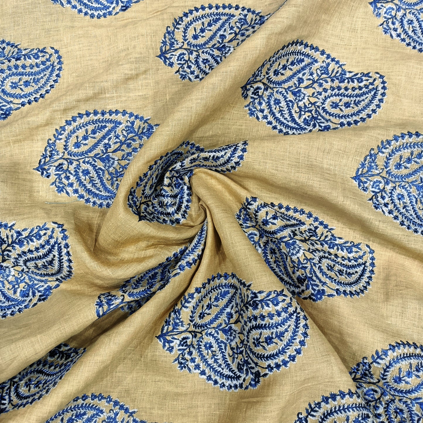 Beige Linen Embroidery Fabric with Royal Blue Paisley Buta Design | Premium Designer Dress Material
