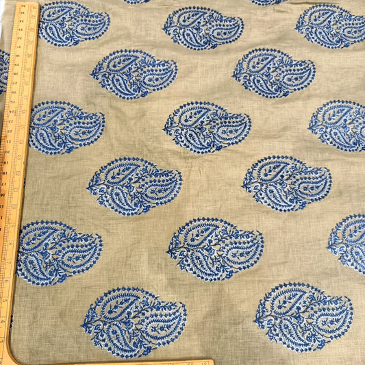 Beige Linen Embroidery Fabric with Royal Blue Paisley Buta Design | Premium Designer Dress Material