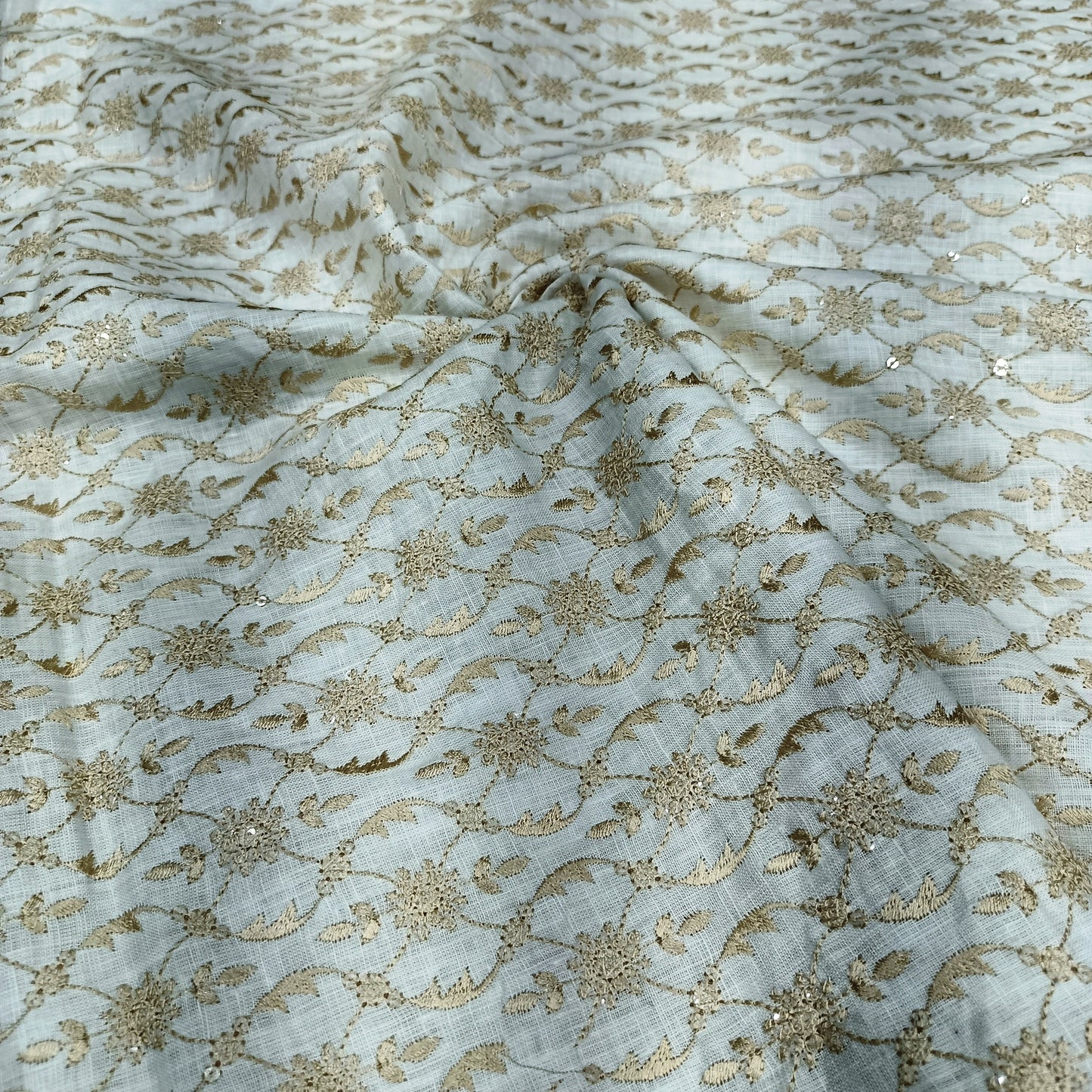 Ivory White Linen Embroidery Fabric with Champagne Gold Floral Vine Design | Premium Designer Dress Material