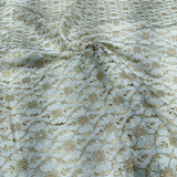 Ivory White Linen Embroidery Fabric with Champagne Gold Floral Vine Design | Premium Designer Dress Material